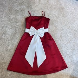 Dark Red Dress with White Bow and White Shawl
